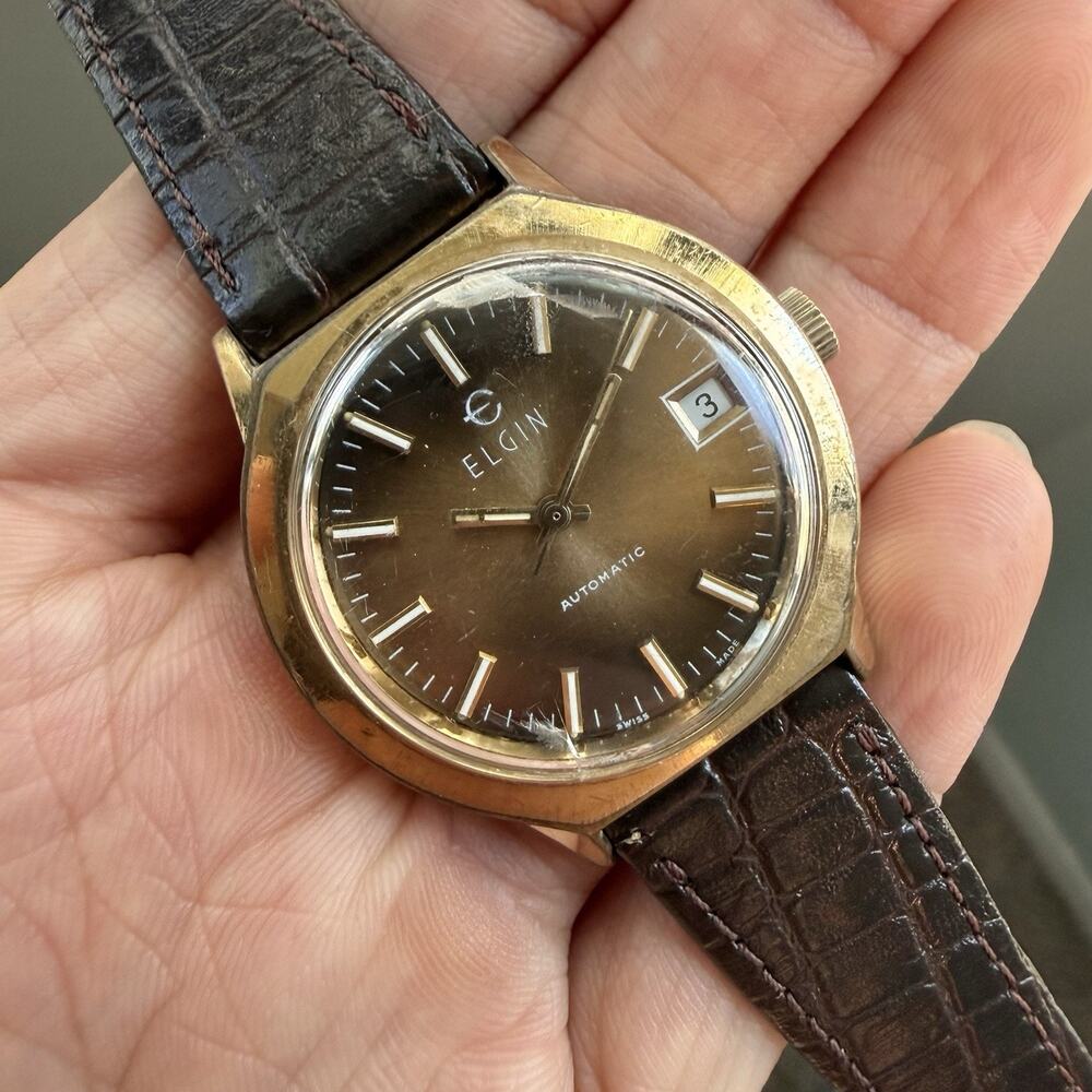 Vintage Elgin Swiss Made Automatic Men’s Watch Brown Dial Gold Tone Date Window